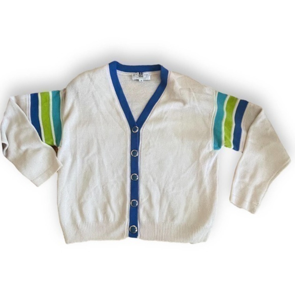 ST JOHN Santana Knit Striped Color block Cardigan Sweater Jacket Size Medium
